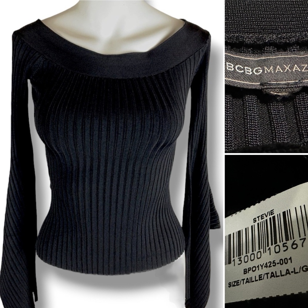 434 BCBGMAXAZRIA |NWOT Black Ribbed Off‑Shoulder Flare Sleeves Knit Top (Size L)